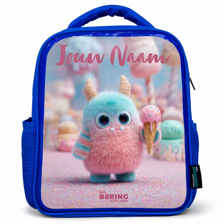 Zoet Monstersnoep Avontuur Kinderrugzak - Blauw middel -3d