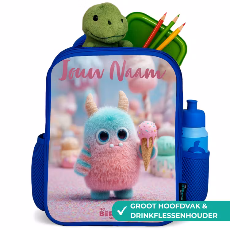 Zoet Monstersnoep Avontuur Kinderrugzak - Blauw middel -inhoud_NL