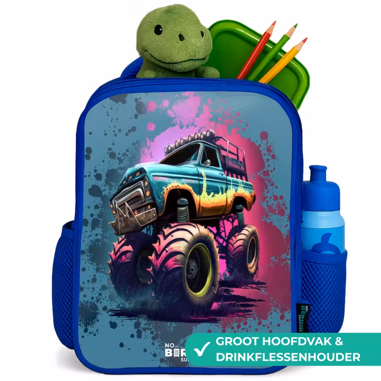 Monster Wheels Kinderrugzak - Blauw middel -inhoud_NL