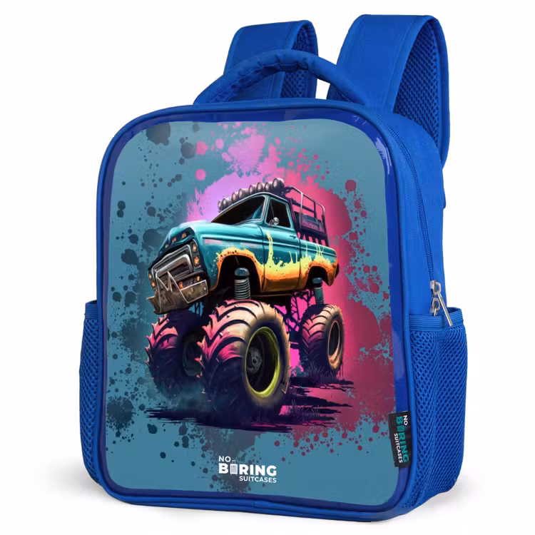 Monster Wheels Kinderrugzak - Blauw middel -schuin