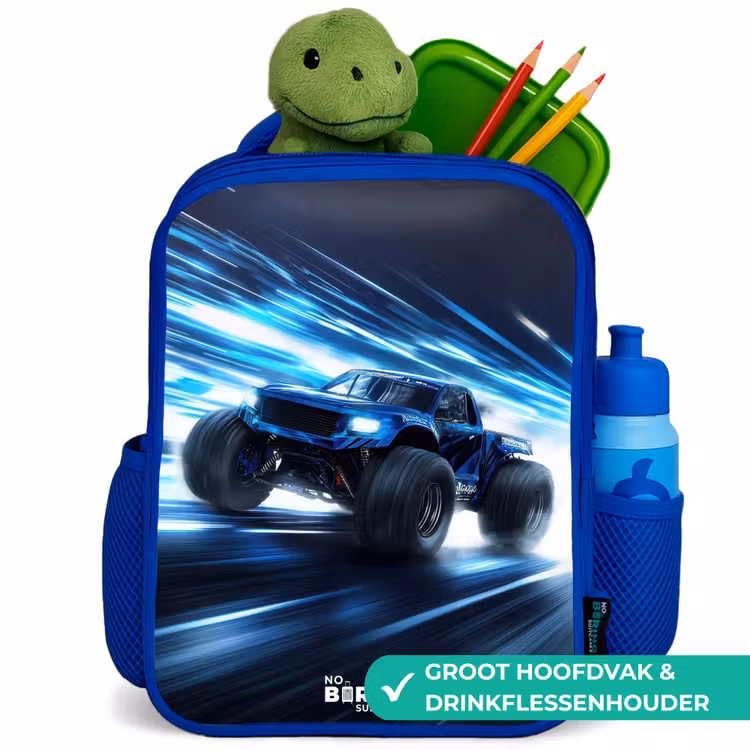 Monstertruck raast door lichtsnelheid Kinderrugzak - Blauw middel -inhoud_NL