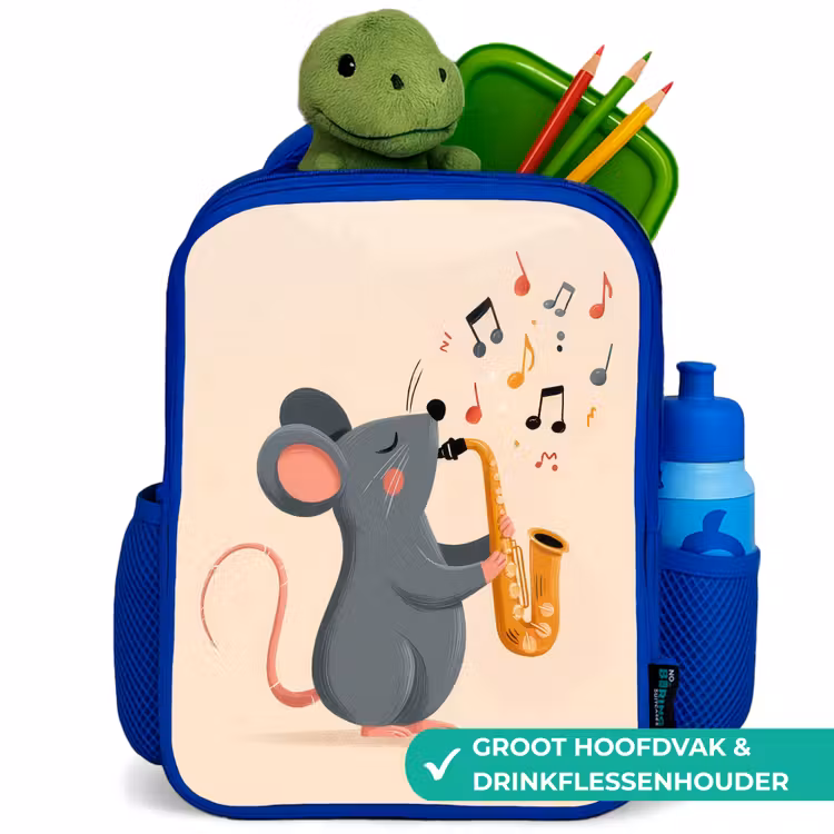 Muis - Saxofoon - Muzieknoten Kinderrugzak - Blauw middel -inhoud_NL