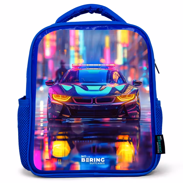 Neon nightcar Kinderrugzak - Blauw middel -3d