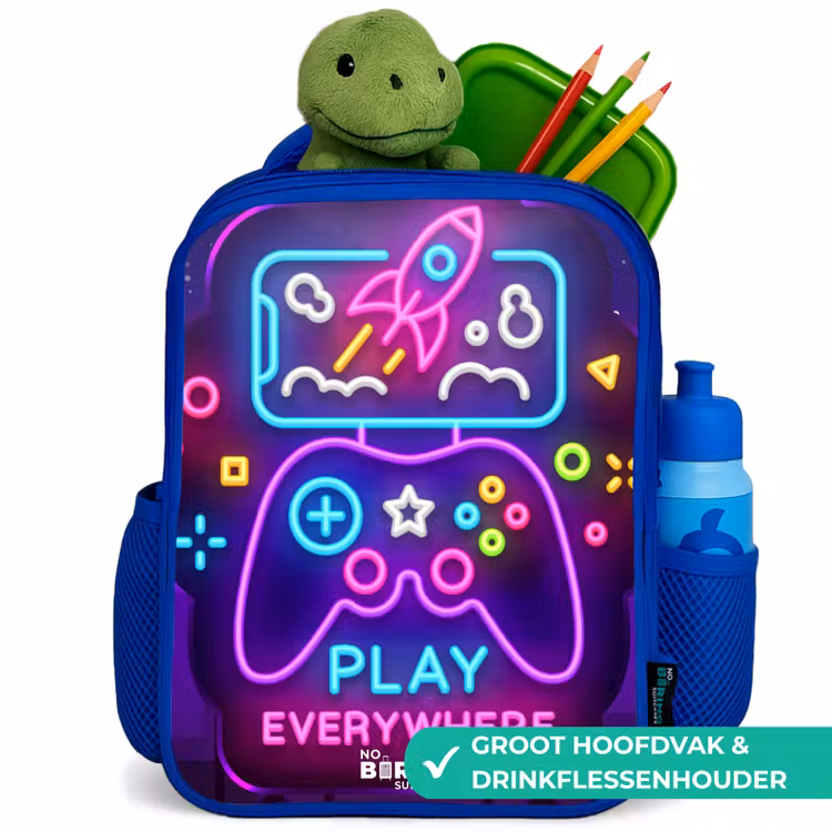Neonillustratie met een controller Kinderrugzak - Blauw middel -inhoud_NL
