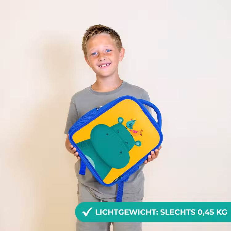 Nijlpaard - Vogels - Groen - Geel Kinderrugzak - Blauw middel -sfeer1_NL