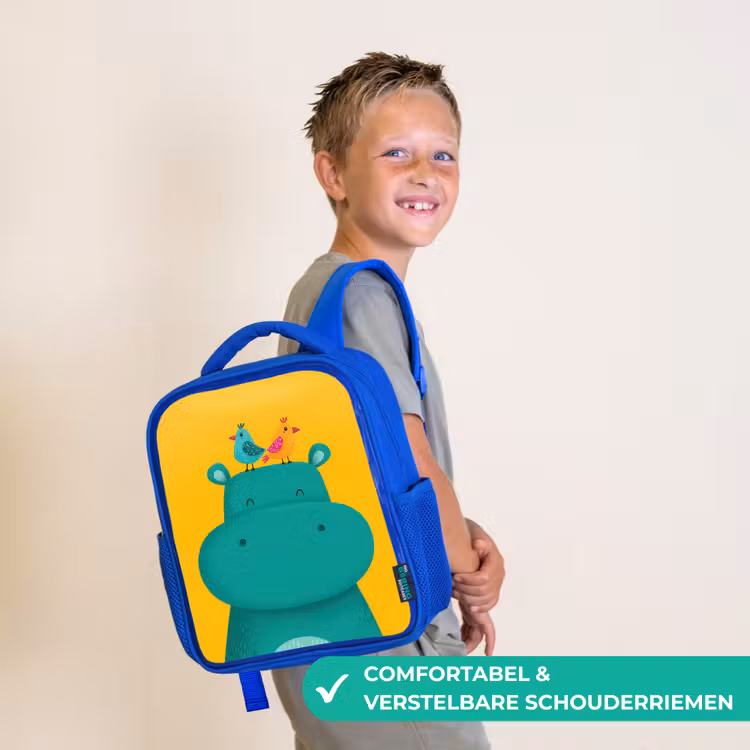 Nijlpaard - Vogels - Groen - Geel Kinderrugzak - Blauw middel -sfeer3_NL