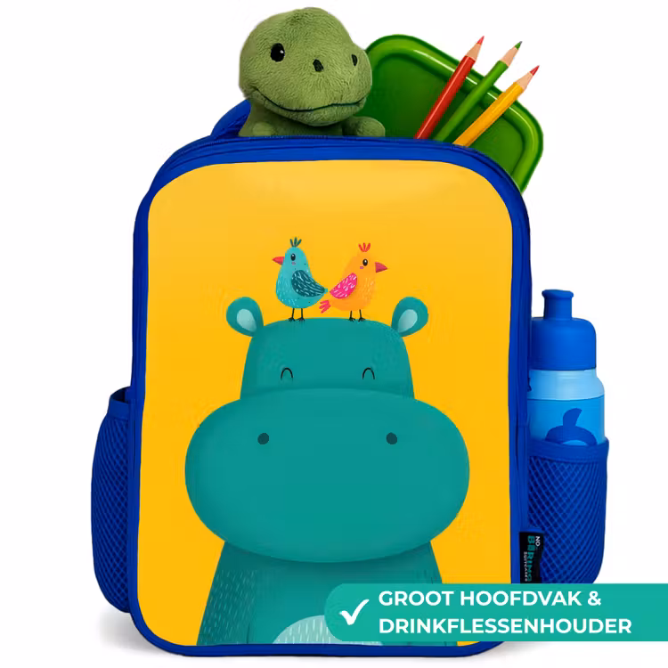 Nijlpaard - Vogels - Groen - Geel Kinderrugzak - Blauw middel -inhoud_NL