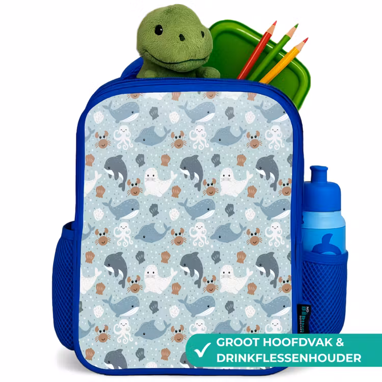 Oceaan - Walvis - Zeehond - Krab Kinderrugzak - Blauw middel 862 -inhoud_NL