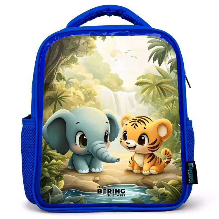 Olifant - Tijger - Bos - Jungle Kinderrugzak - Blauw middel -3d
