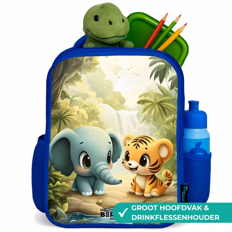 Olifant - Tijger - Bos - Jungle Kinderrugzak - Blauw middel -inhoud_NL