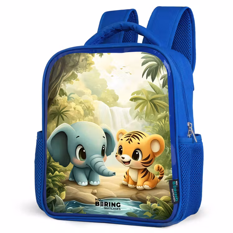 Olifant - Tijger - Bos - Jungle Kinderrugzak - Blauw middel -schuin
