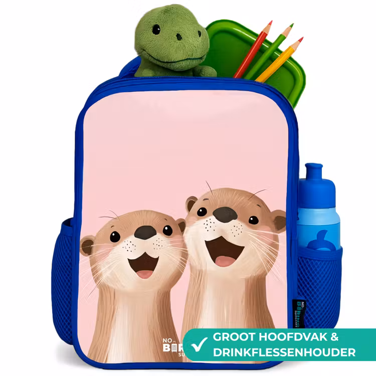 Otters - Lachen - Roze - Illustratie Kinderrugzak - Blauw middel -inhoud_NL
