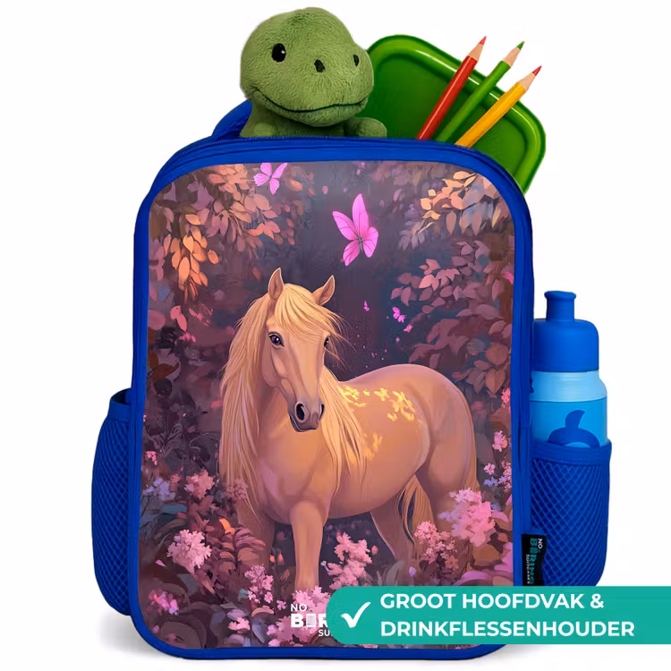 Paard - Bloemen - Paars - Vlinder Kinderrugzak - Blauw middel -inhoud_NL