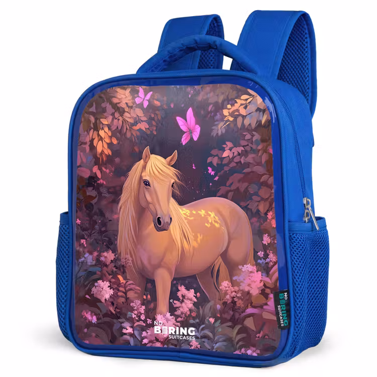 Paard - Bloemen - Paars - Vlinder Kinderrugzak - Blauw middel -schuin