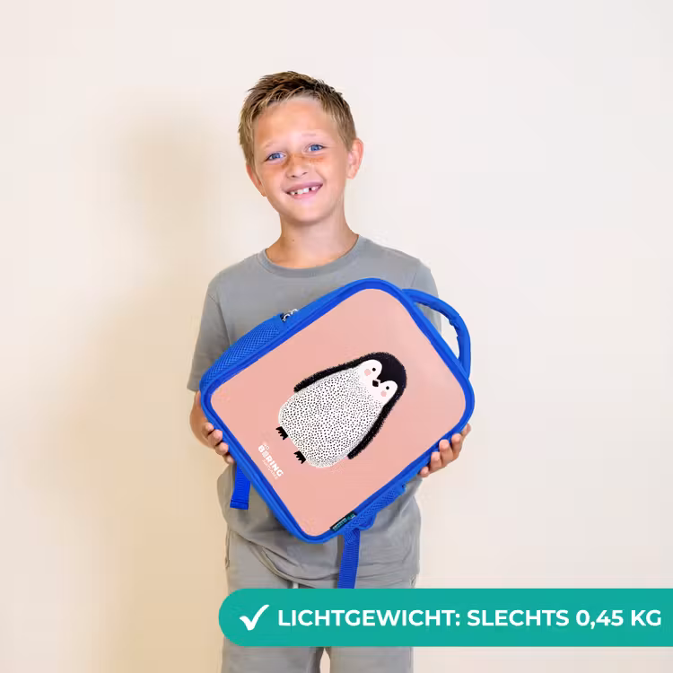 Pinguïn - Stippen - Roze - Minimalistisch Kinderrugzak - Blauw middel -sfeer1_NL