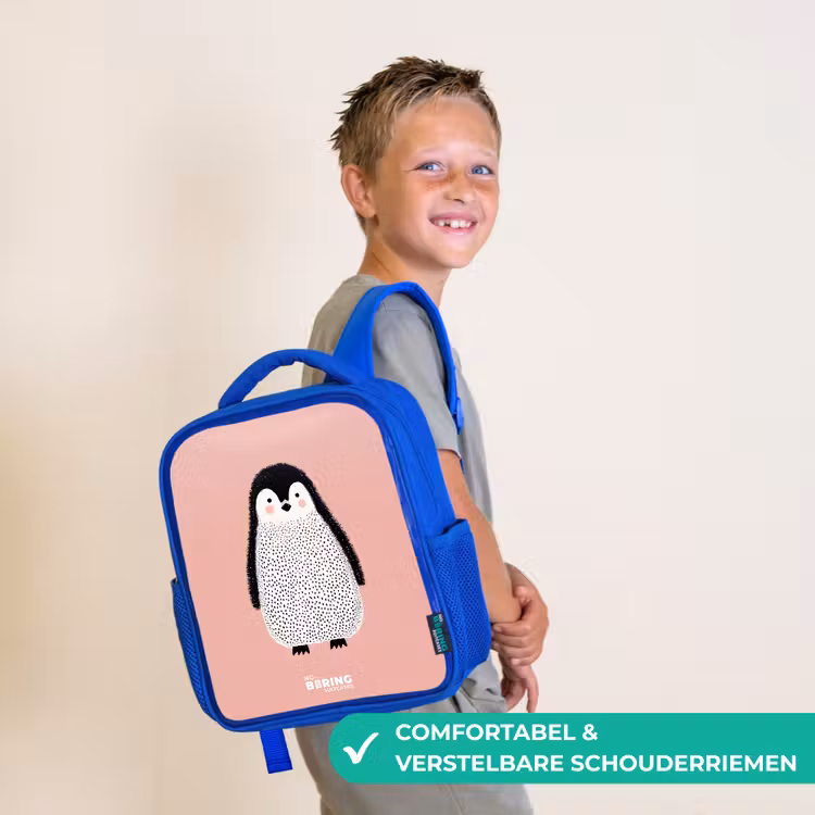 Pinguïn - Stippen - Roze - Minimalistisch Kinderrugzak - Blauw middel -sfeer3_NL