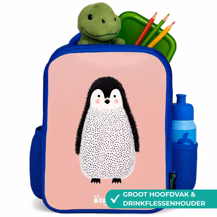 Pinguïn - Stippen - Roze - Minimalistisch Kinderrugzak - Blauw middel -inhoud_NL