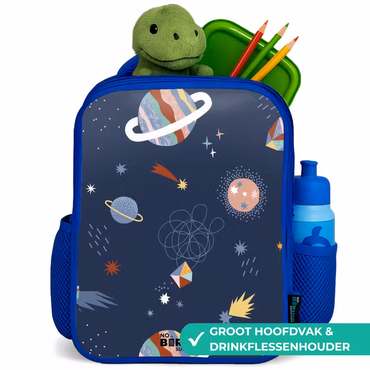 Planeten in de hemel Kinderrugzak - Blauw middel -inhoud_NL