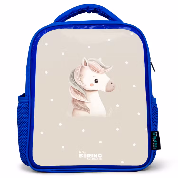 Pony omringd door stippen in beige kleuren Kinderrugzak - Blauw middel -3d