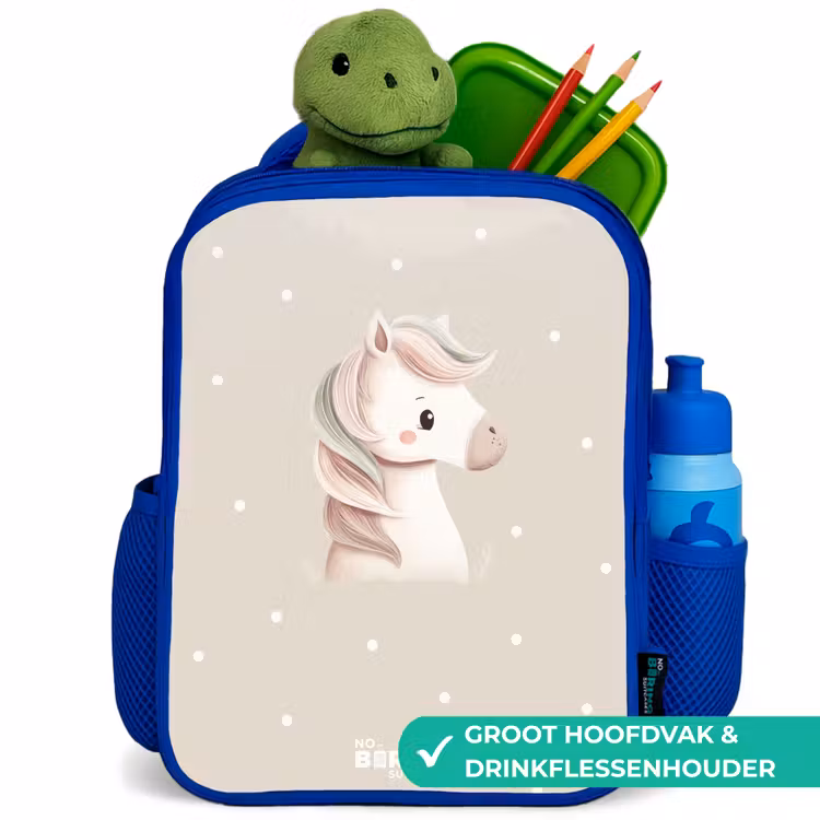 Pony omringd door stippen in beige kleuren Kinderrugzak - Blauw middel -inhoud_NL