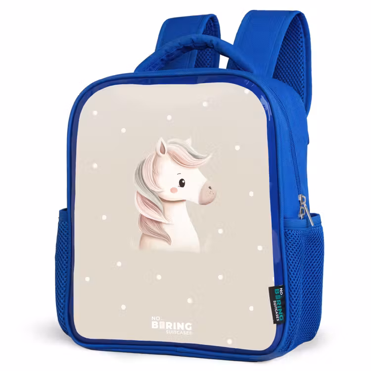 Pony omringd door stippen in beige kleuren Kinderrugzak - Blauw middel -schuin