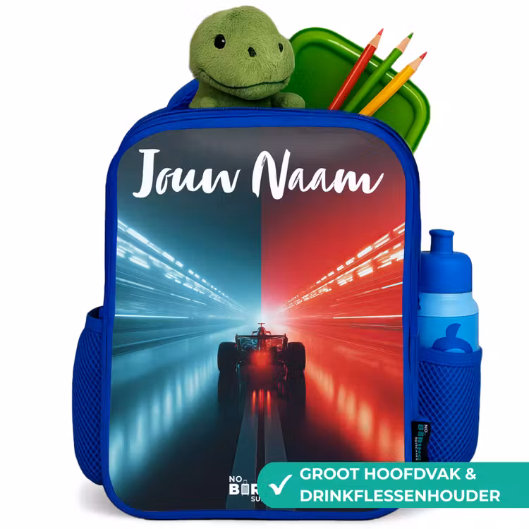 Raceauto - Verlichting - Neon - Rood Kinderrugzak - Blauw middel -inhoud_NL