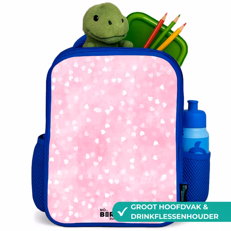 Roze glitter hartjes Kinderrugzak - Blauw middel -inhoud_NL