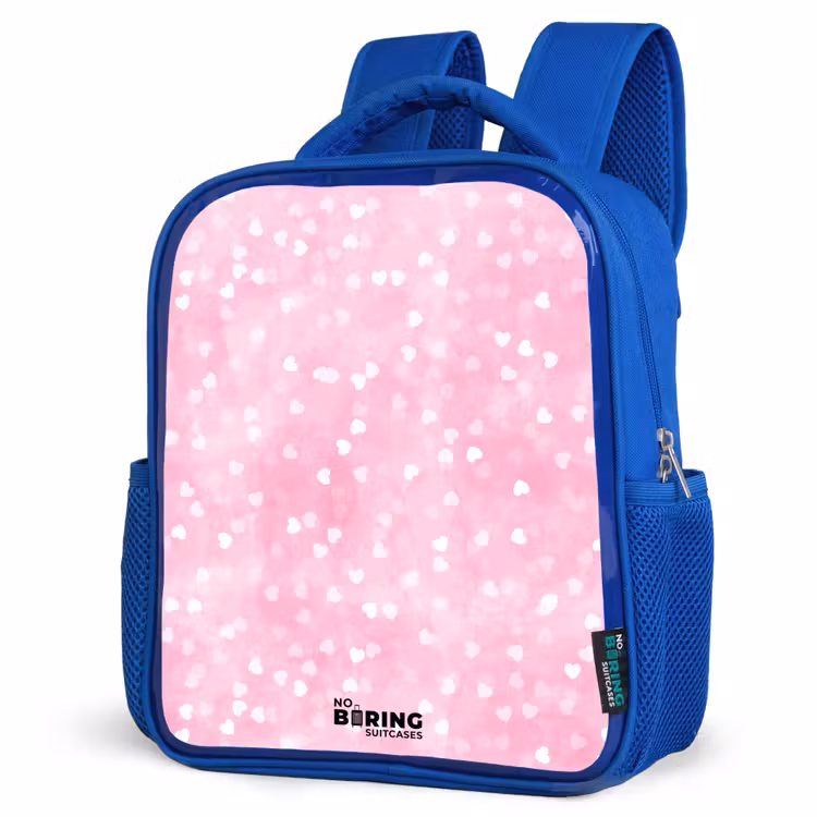 Roze glitter hartjes Kinderrugzak - Blauw middel -schuin