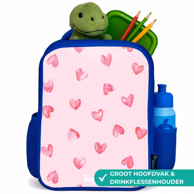 Roze hartjes Kinderrugzak - Blauw middel -inhoud_NL