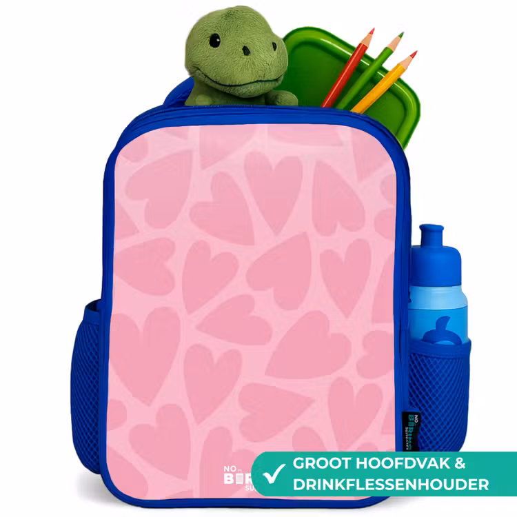 Roze hartjes patroon Kinderrugzak - Blauw middel -inhoud_NL
