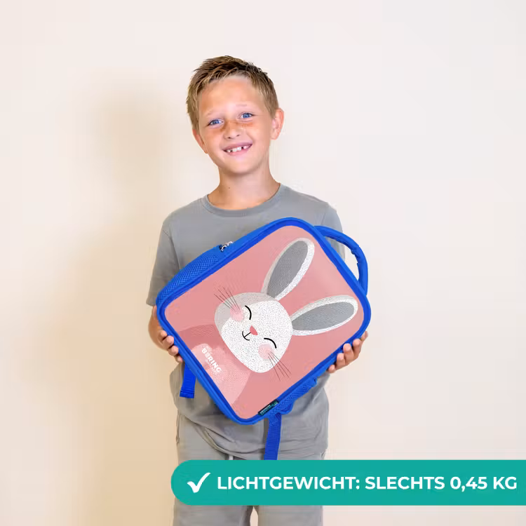 Roze - Konijn - Glimlach - Illustratie Kinderrugzak - Blauw middel -sfeer1_NL