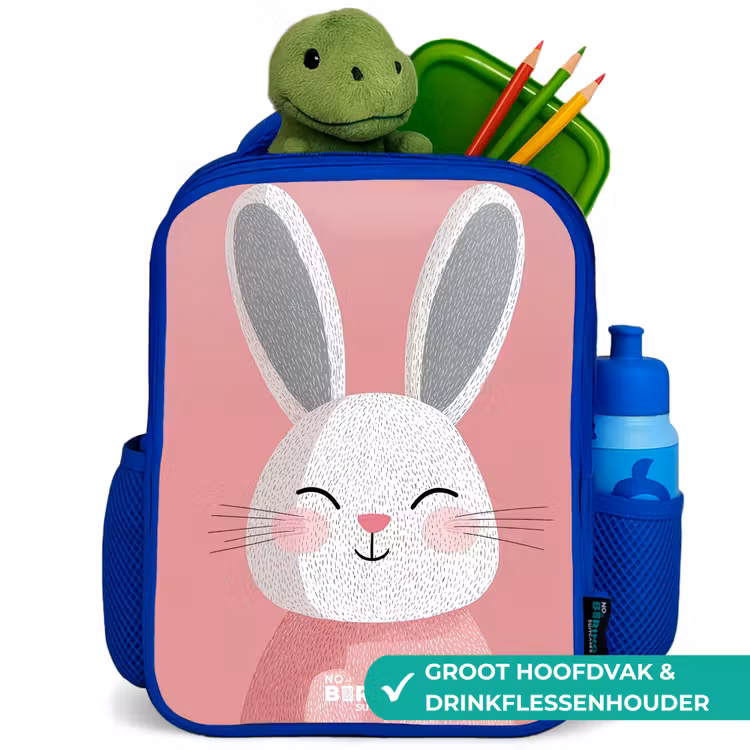 Roze - Konijn - Glimlach - Illustratie Kinderrugzak - Blauw middel -inhoud_NL