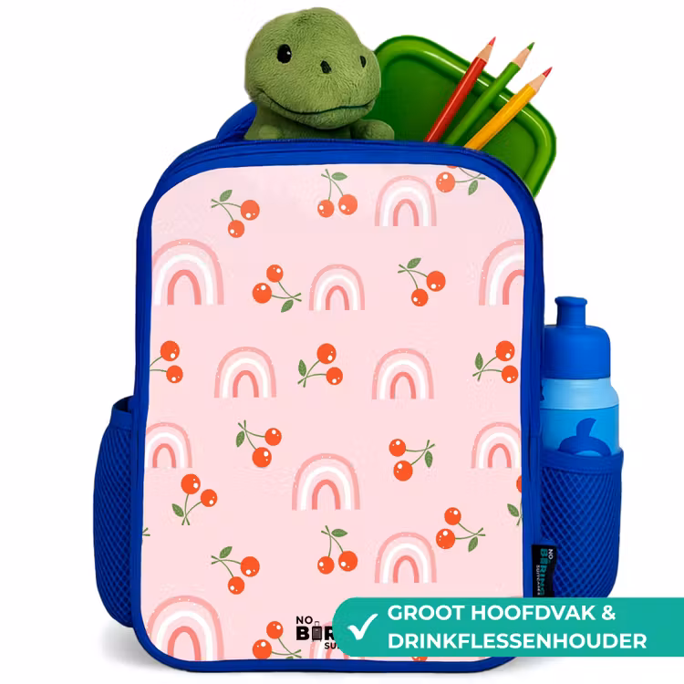 Roze met regenboog en kersen patroon Kinderrugzak - Blauw middel -inhoud_NL