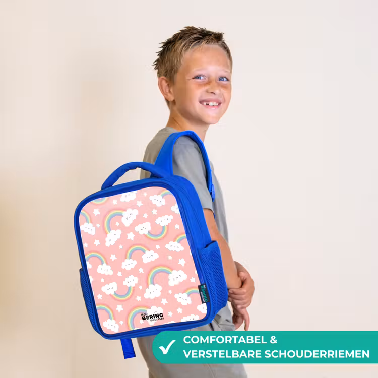 Roze met regenboog patroon Kinderrugzak - Blauw middel -sfeer3_NL