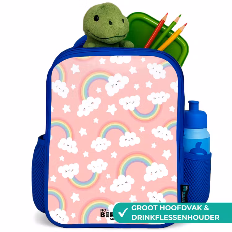 Roze met regenboog patroon Kinderrugzak - Blauw middel -inhoud_NL