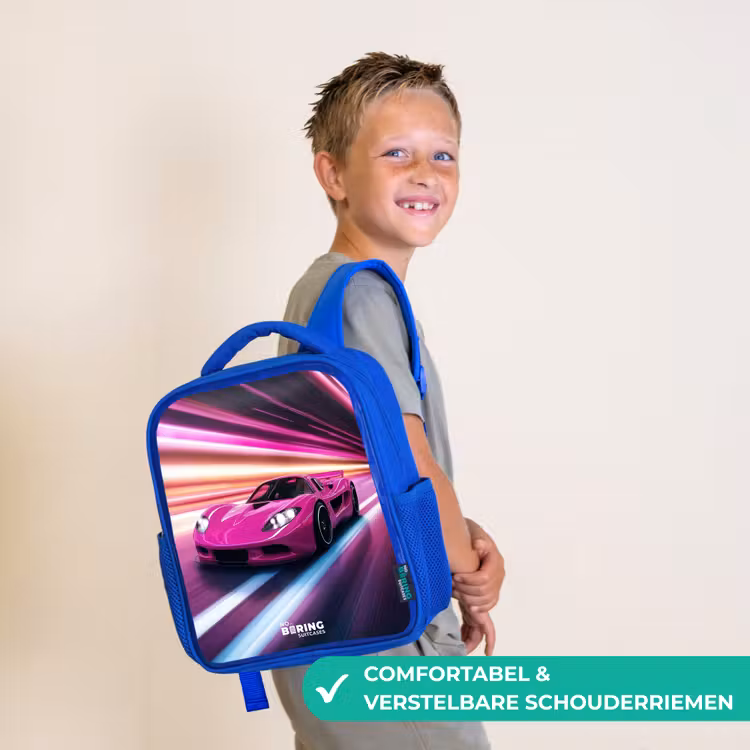 Roze raceauto flitst door neonlicht Kinderrugzak - Blauw middel -sfeer3_NL