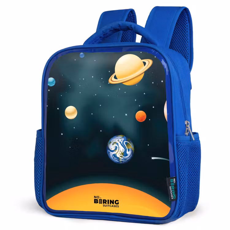 Ruimte met planeten Kinderrugzak - Blauw middel -schuin