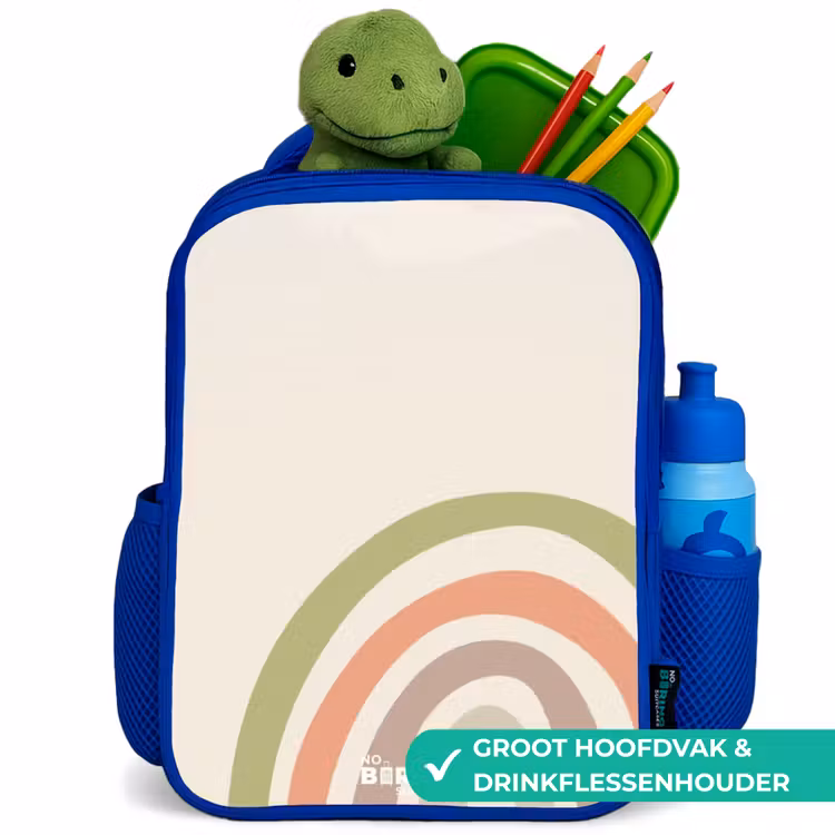 Ruwe regenboog pastel Kinderrugzak - Blauw middel -inhoud_NL