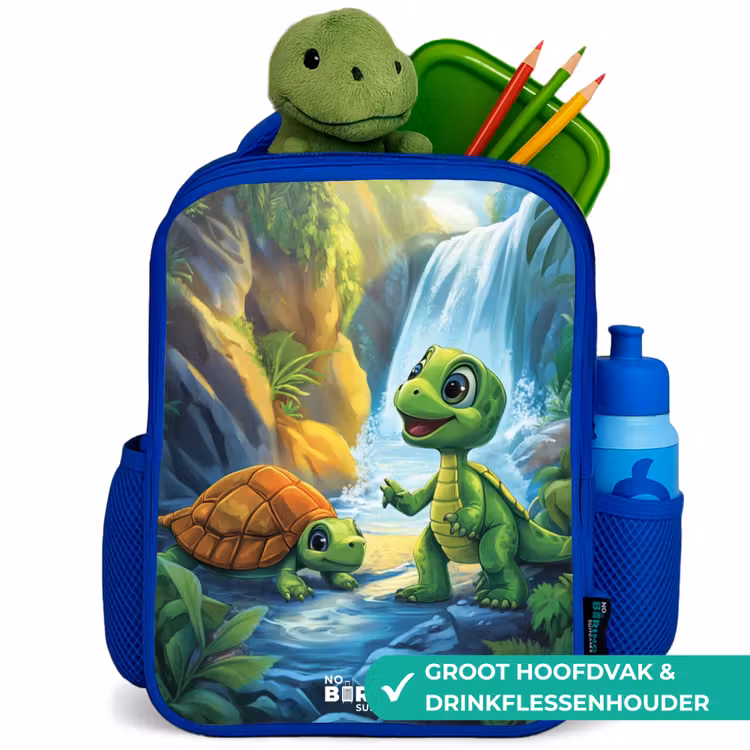 Schildpad en dino bij waterval in tropisch bos Kinderrugzak - Blauw middel -inhoud_NL