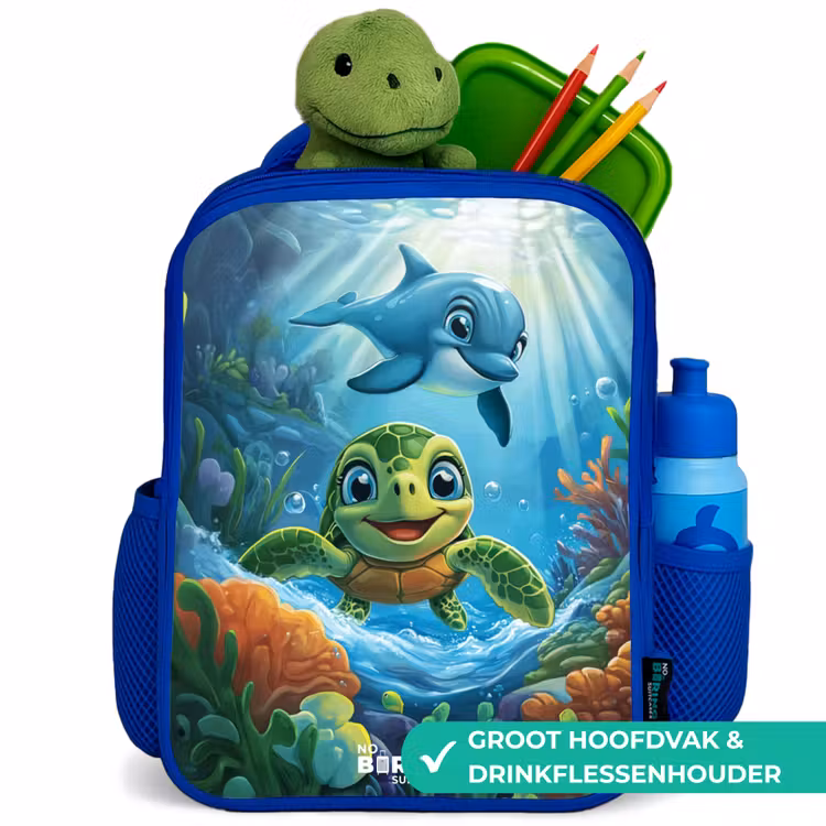 Schildpad en dolfijn in blauwe oceaan Kinderrugzak - Blauw middel -inhoud_NL