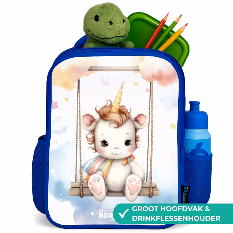 Schommelende baby eenhoorn Kinderrugzak - Blauw middel -inhoud_NL