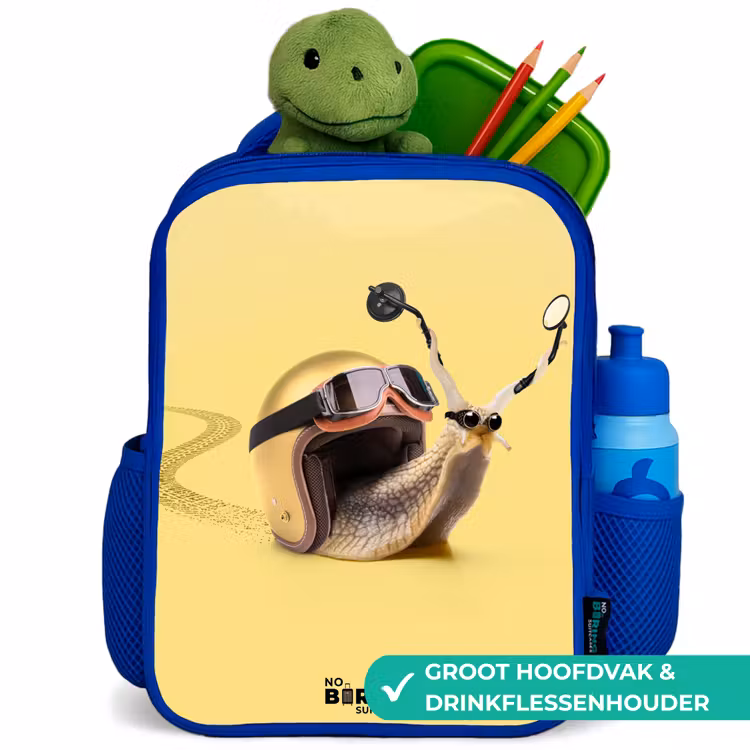 Slak met motorhelm Kinderrugzak - Blauw middel -inhoud_NL