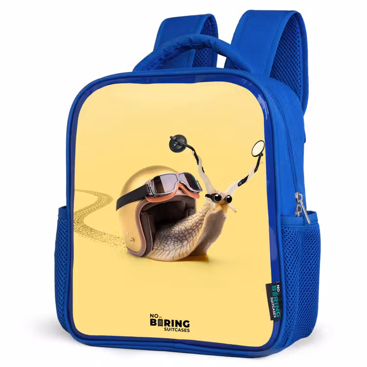 Slak met motorhelm Kinderrugzak - Blauw middel -schuin