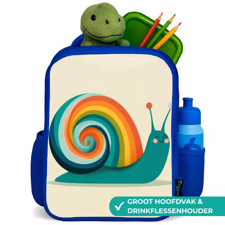 Slak - Regenboogschild - Groen Kinderrugzak - Blauw middel -inhoud_NL