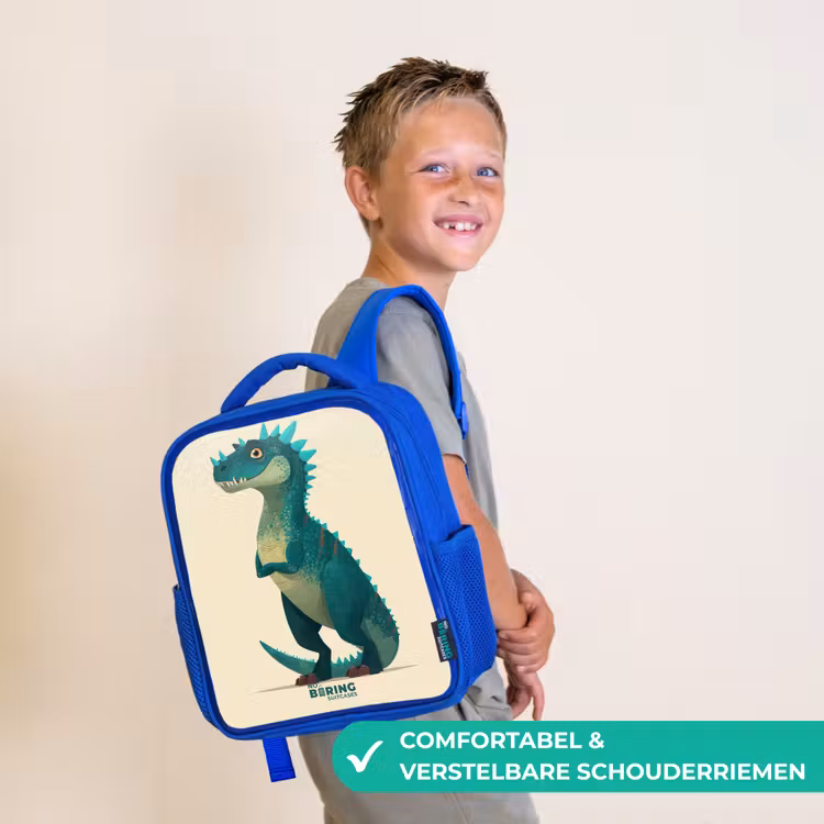 Spiky dino met vriendelijke blik Kinderrugzak - Blauw middel -sfeer3_NL