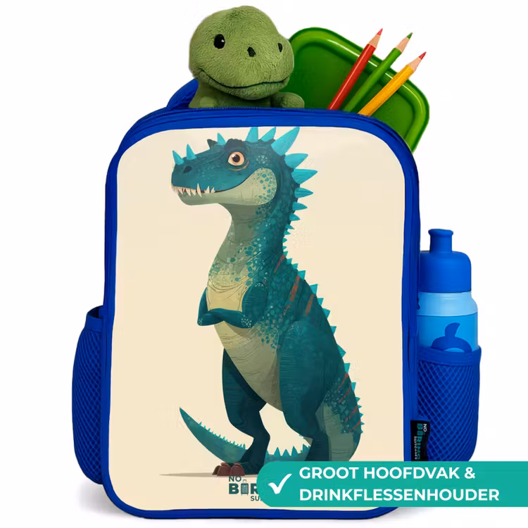 Spiky dino met vriendelijke blik Kinderrugzak - Blauw middel -inhoud_NL