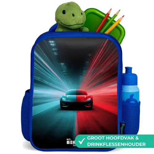 Sportwagen - Lichtstralen - Neon - Blauw Kinderrugzak - Blauw middel -inhoud_NL