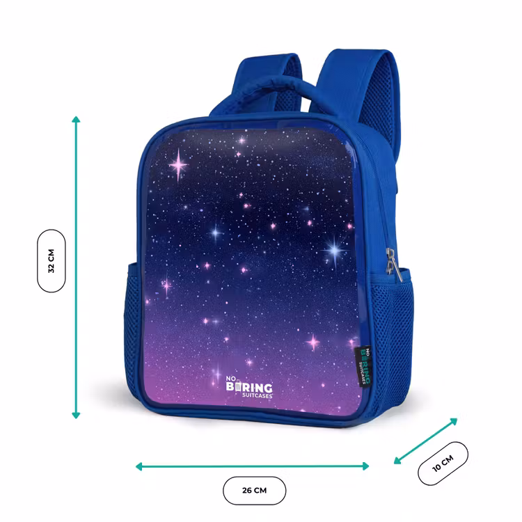 Sterren - Galaxy - Blauw - Roze Kinderrugzak - Blauw middel -productfoto_formaten