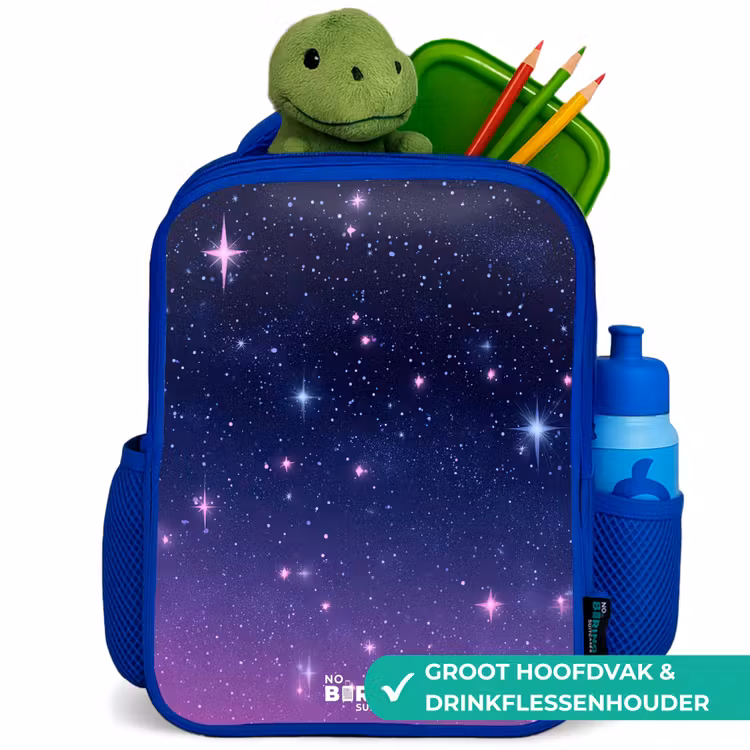Sterren - Galaxy - Blauw - Roze Kinderrugzak - Blauw middel -inhoud_NL