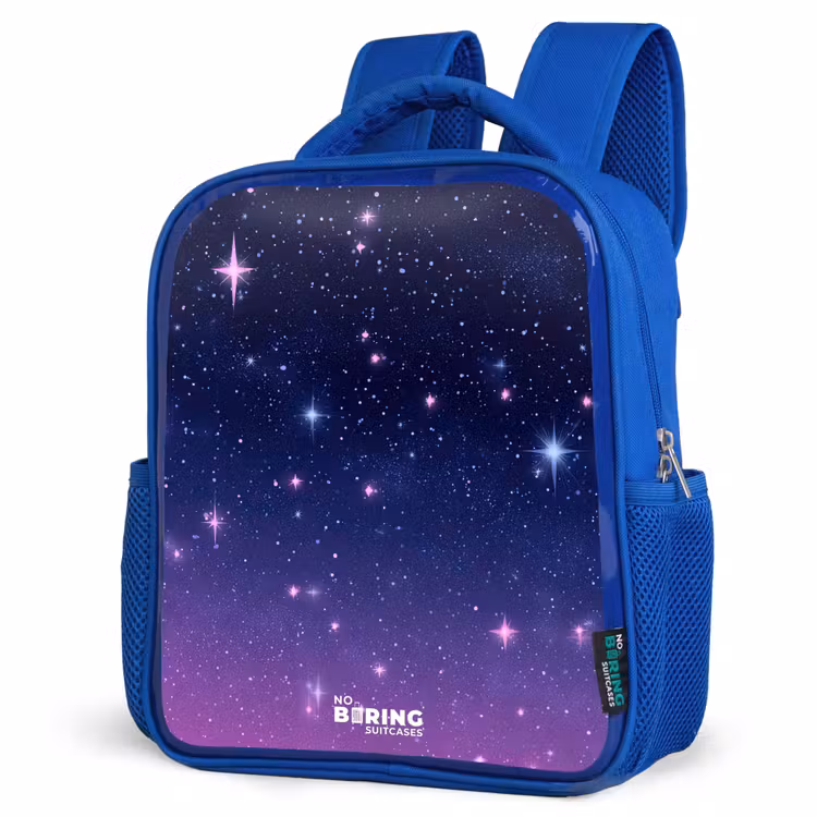 Sterren - Galaxy - Blauw - Roze Kinderrugzak - Blauw middel -schuin